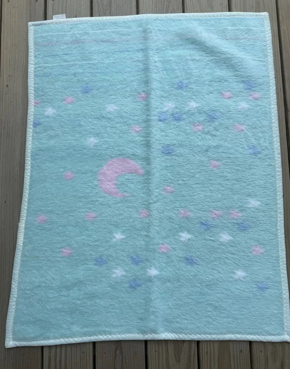 RARE Vintage Disney Portugal Baby Blanket Teal Pink Moon Stars Wooven Fleece